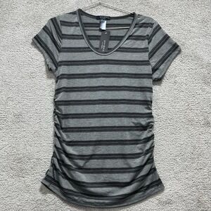 Love Ryan Top Shirt Women's Large Gray Black Striped Scoop Neck Casual Polyester